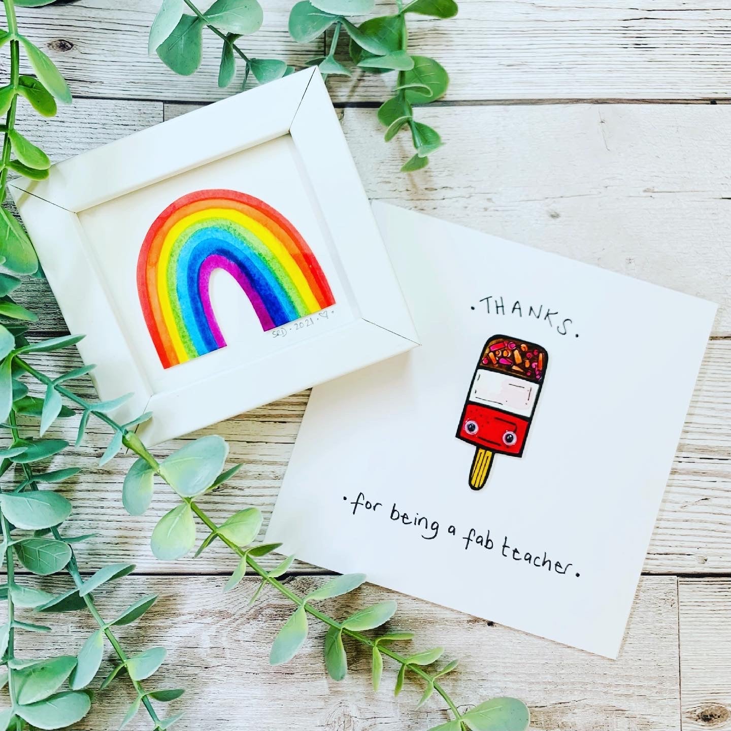 Original hand-painted pen and ink illustrations on glossy cards