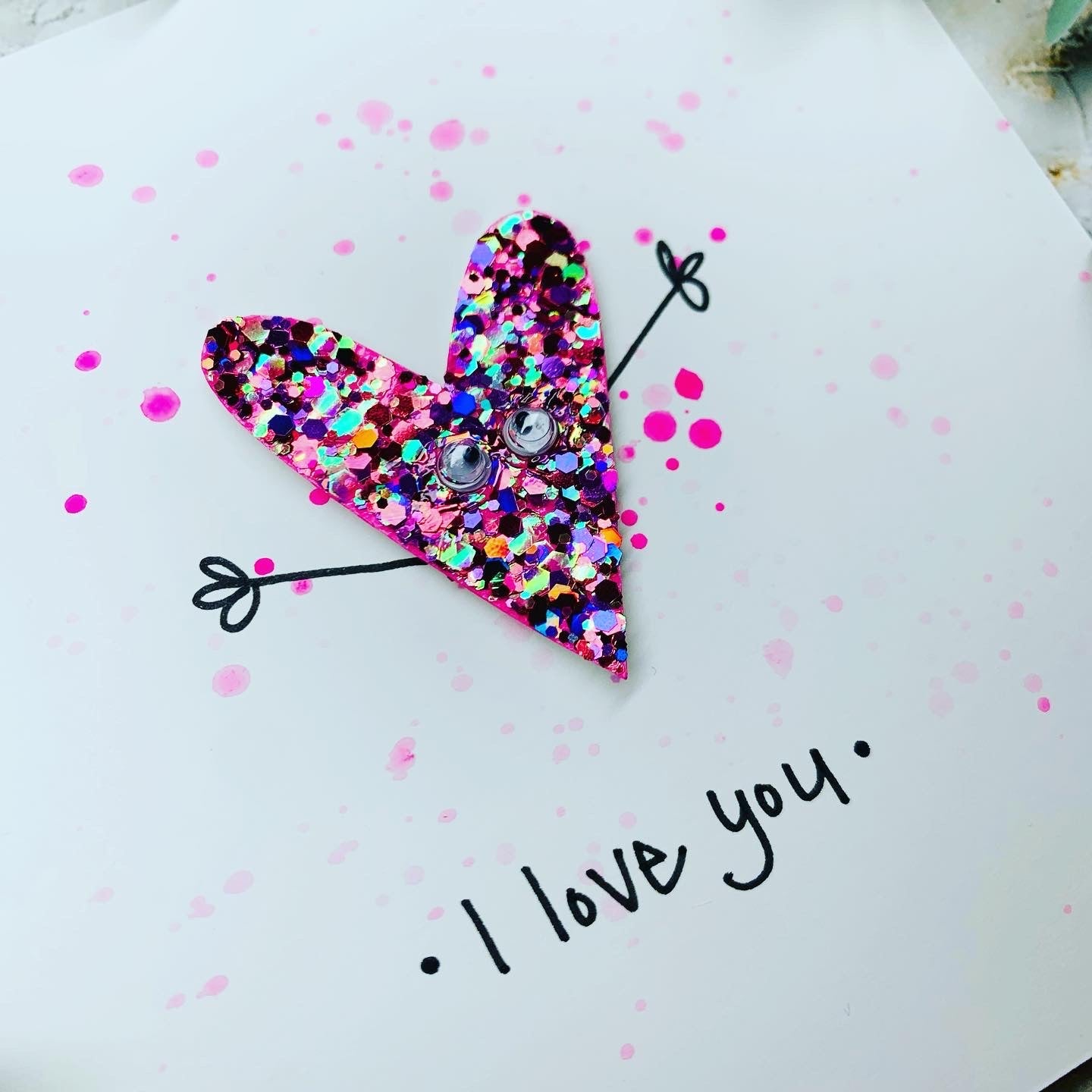 I Love You Glitter Heart card - Pink